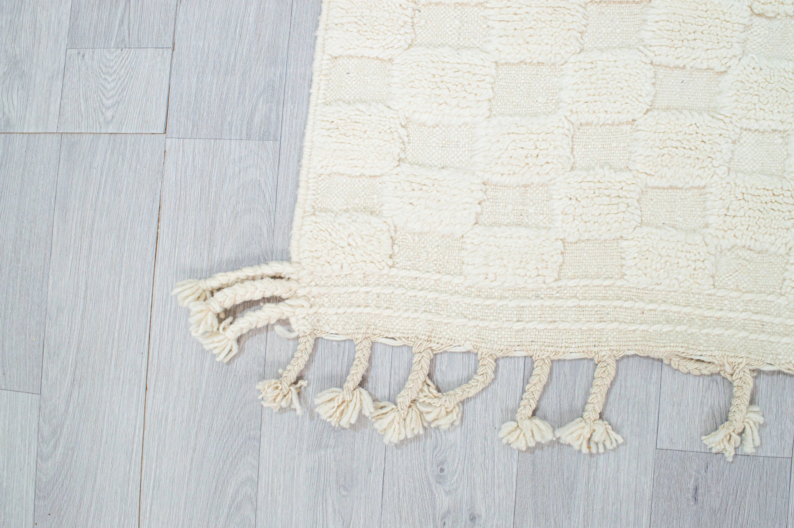 Cream Textured Checkered Moroccan Rug