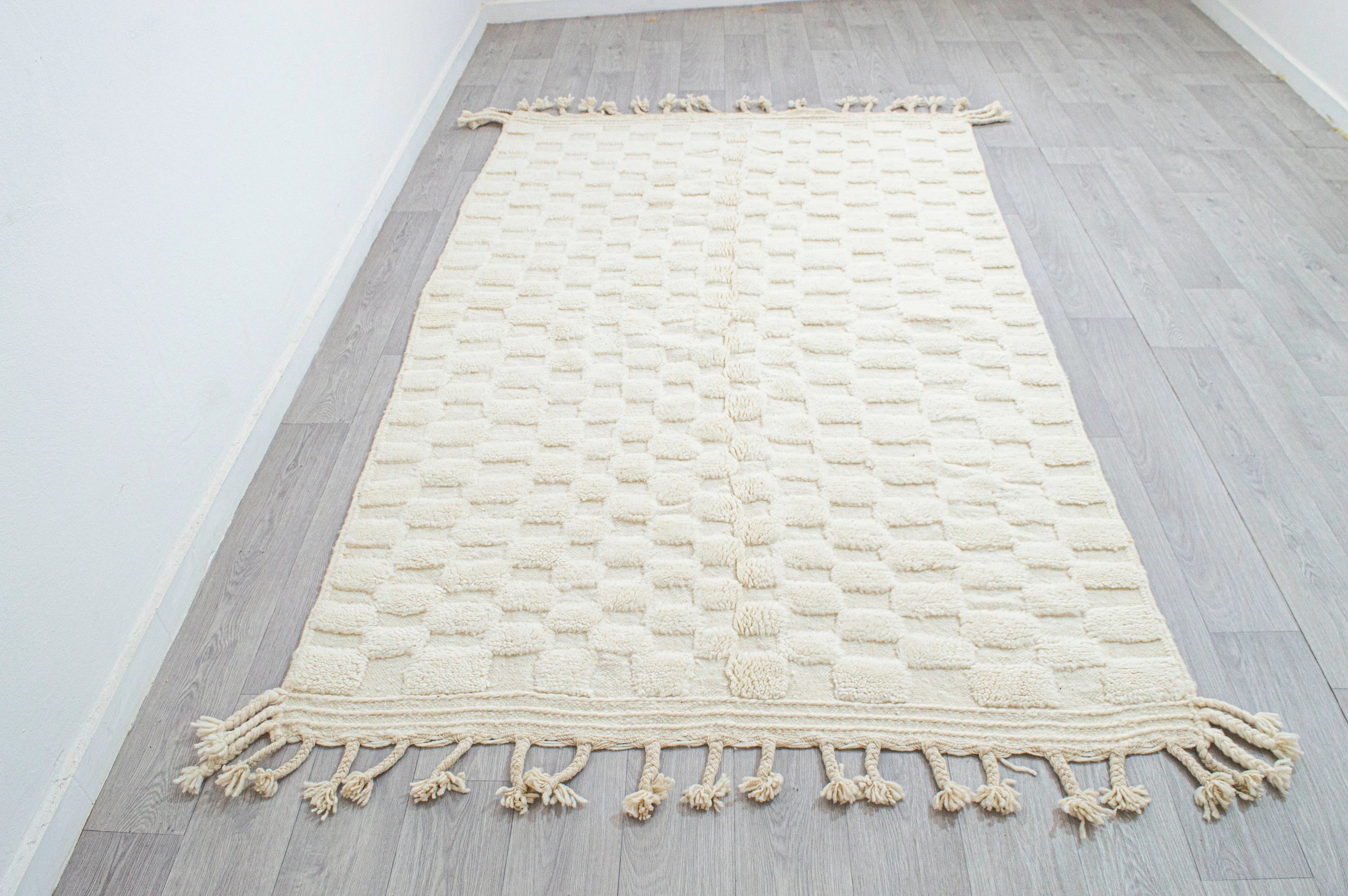 Cream Textured Checkered Moroccan Rug