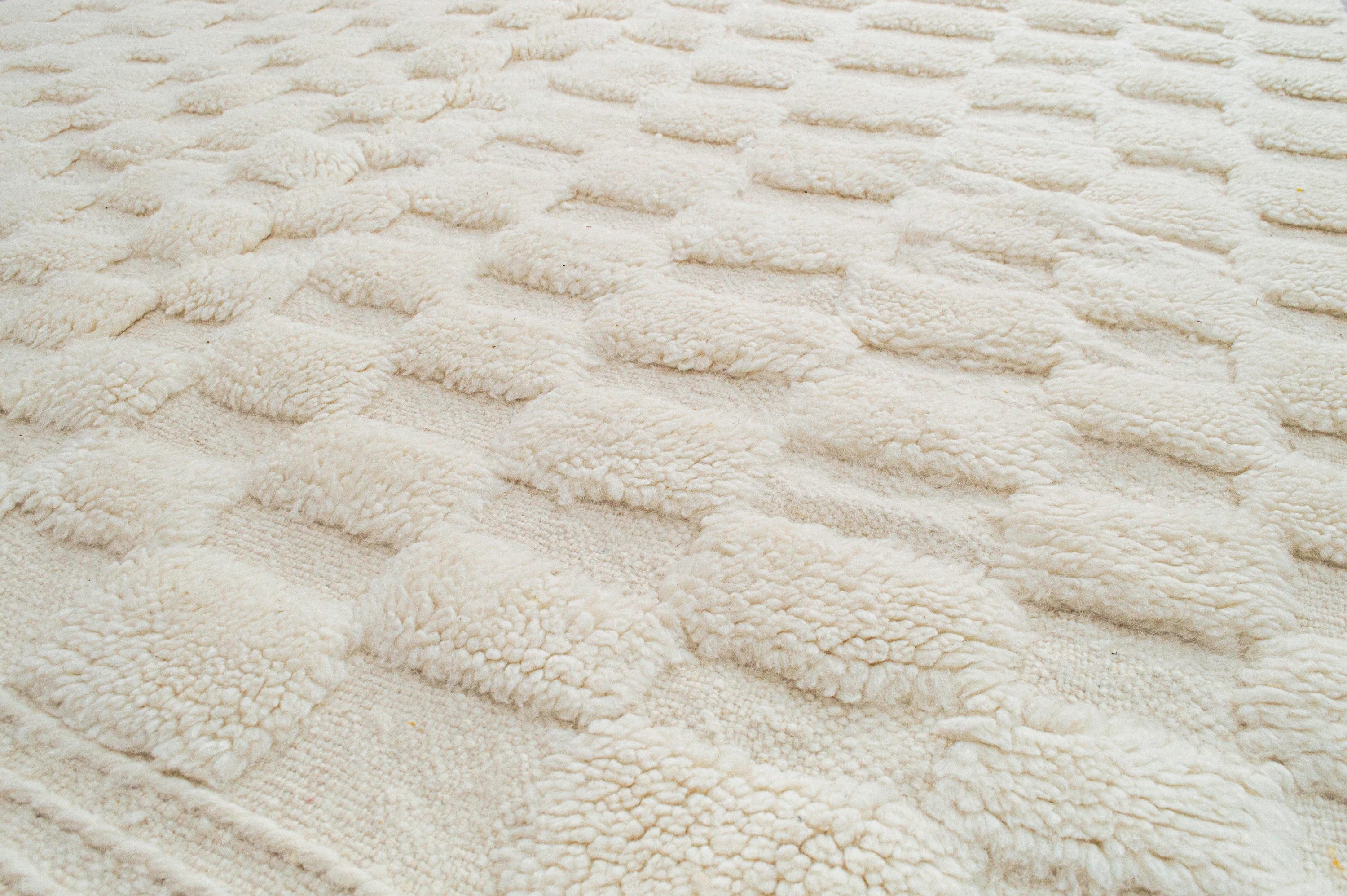Cream Textured Checkered Moroccan Rug