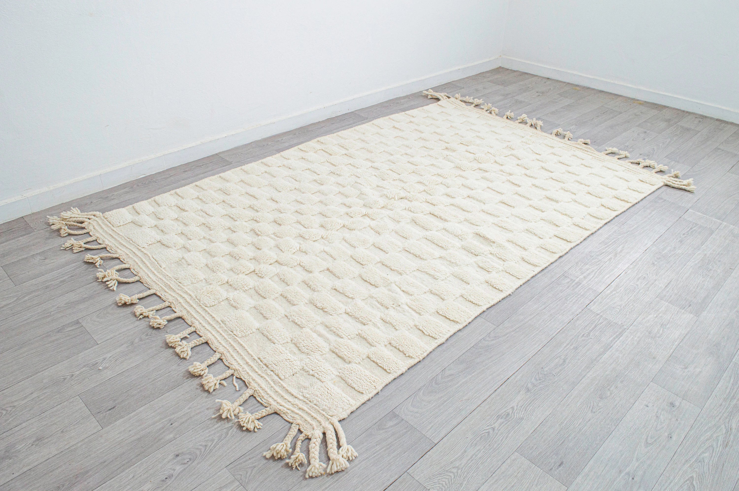 Cream Textured Checkered Moroccan Rug