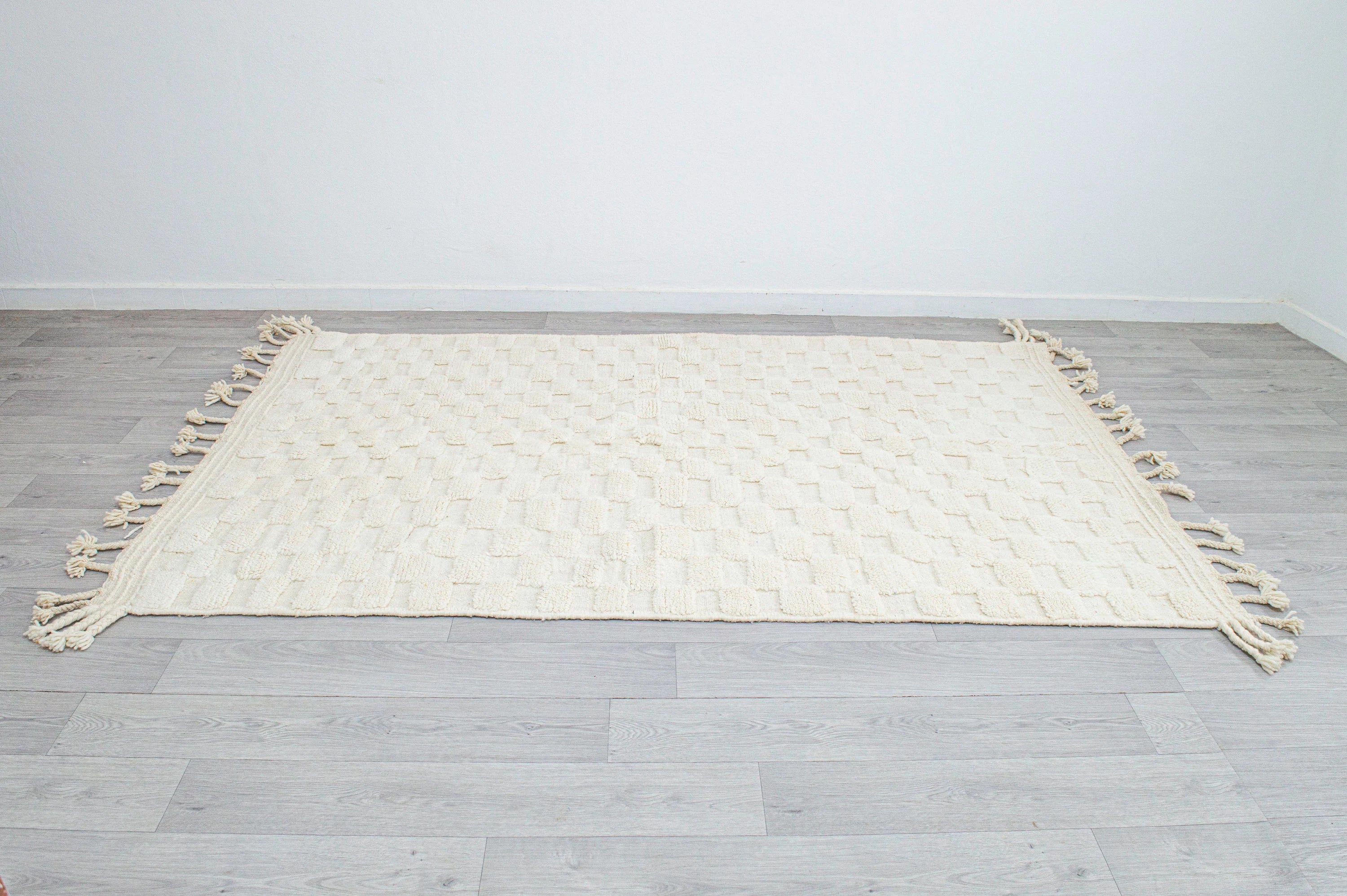 Cream Textured Checkered Moroccan Rug