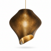 Close-up of the layered ribbed form and smoke black finish of the sculptural pendant light