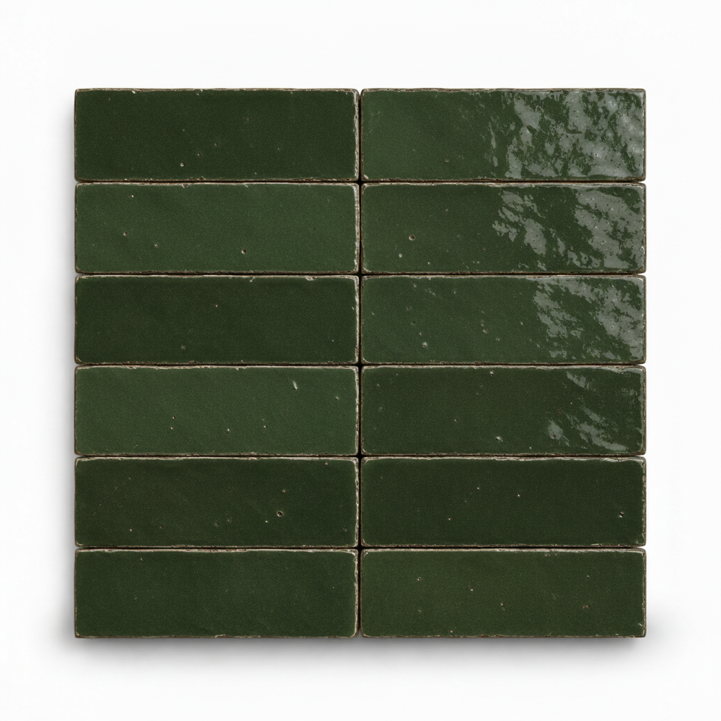 Forest Green handcrafted Moroccan Zellige tiles stacked to show their handmade edges and glaze