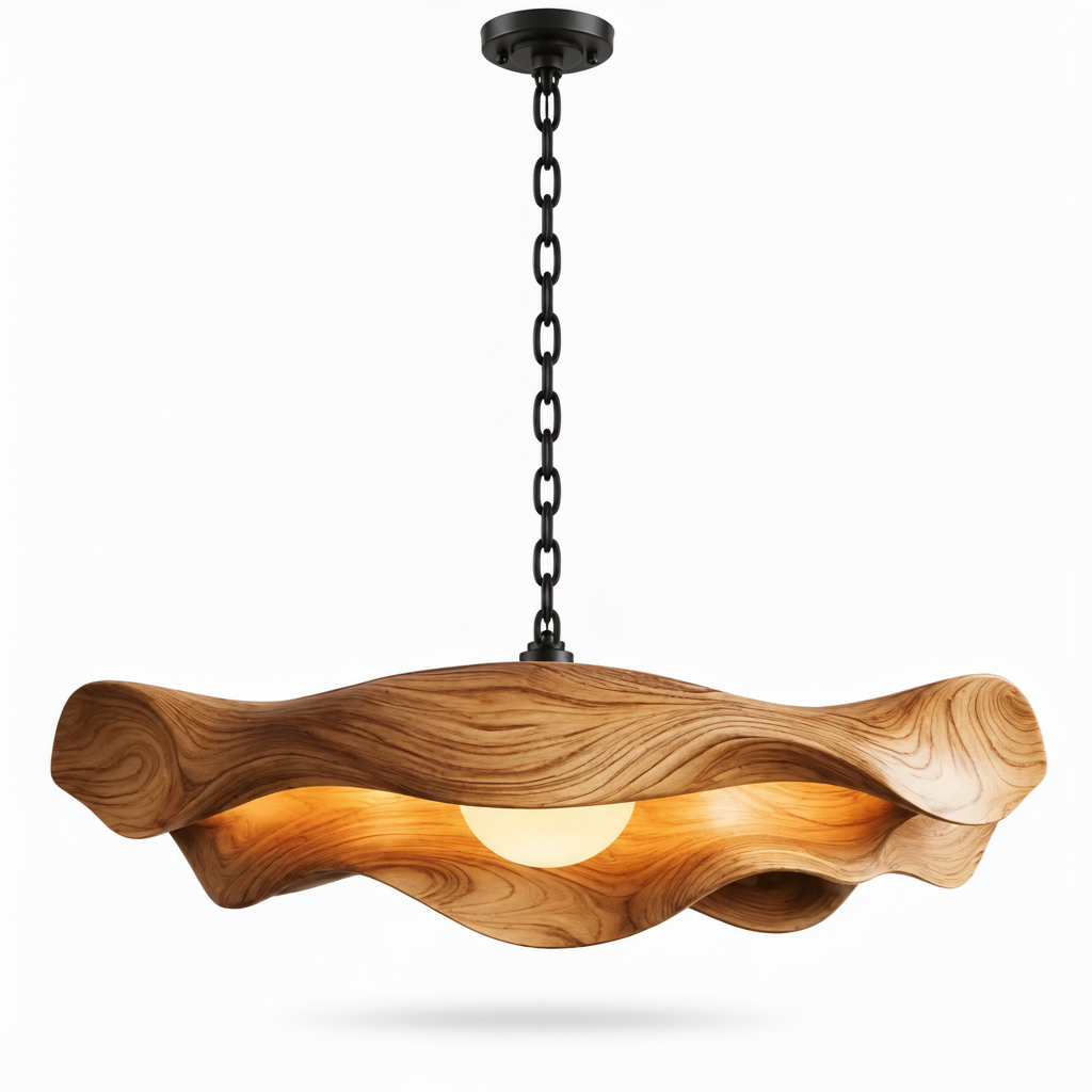 Close-up of the sculptural wooden pendant light showing its natural grain and flowing curves