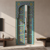 Blue floral Moroccan double door installed in a refined contemporary home