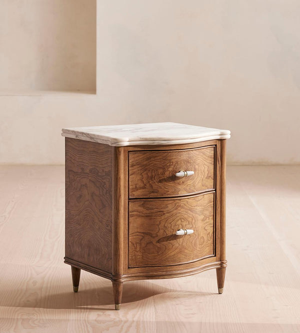 Elegant Curved Wood Stone Top Nightstand