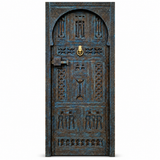Aged Blue Hand-Carved Moroccan Door with Brass Ring