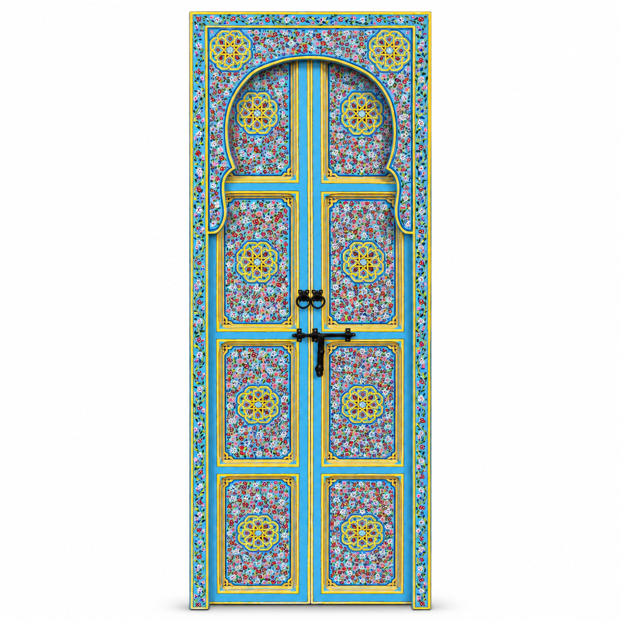 Sky-blue hand-painted Moroccan floral double door with Moorish arch