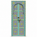 Sky-blue hand-painted Moroccan floral double door with Moorish arch