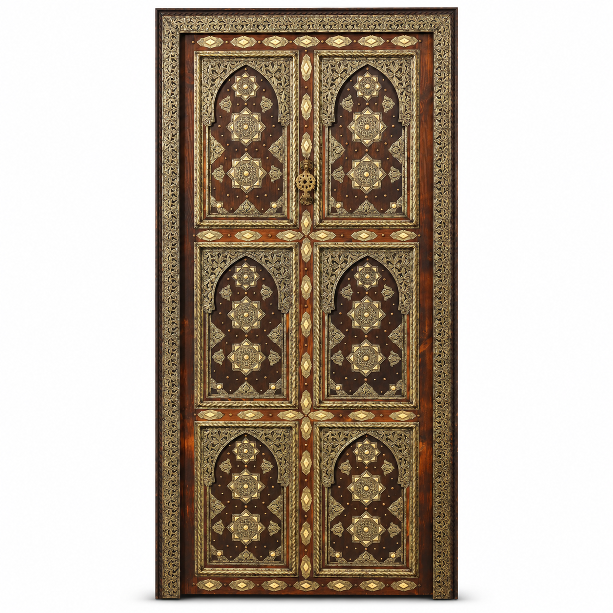 Dark cedar Moroccan double door with ornate gold-tone geometric and floral metal inlay