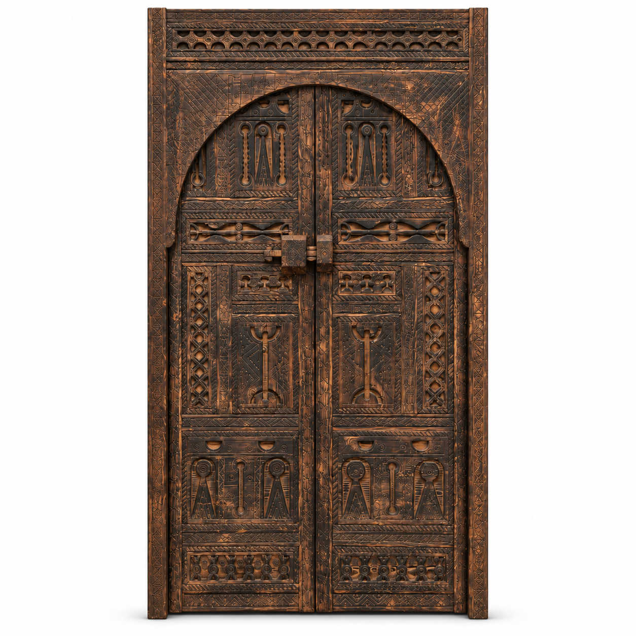 Dark aged-wood Moroccan double door with dense carvings and integrated inset door