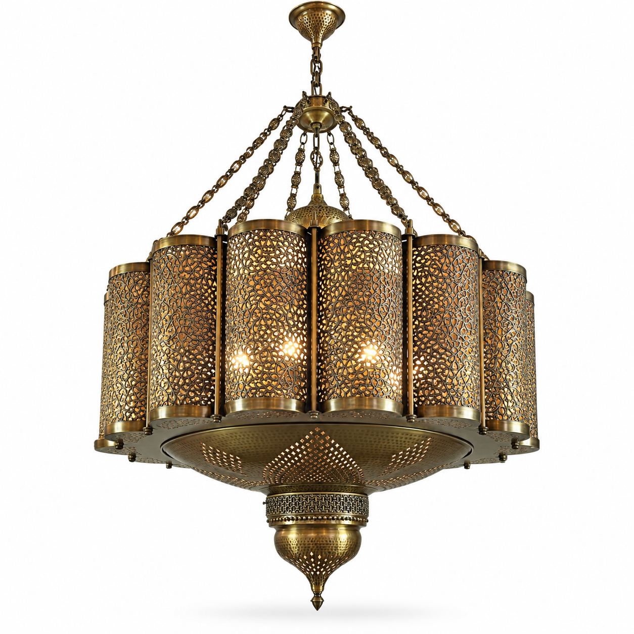 Handcrafted Moroccan antique brass chandelier with pierced metal panels and chain mounting
