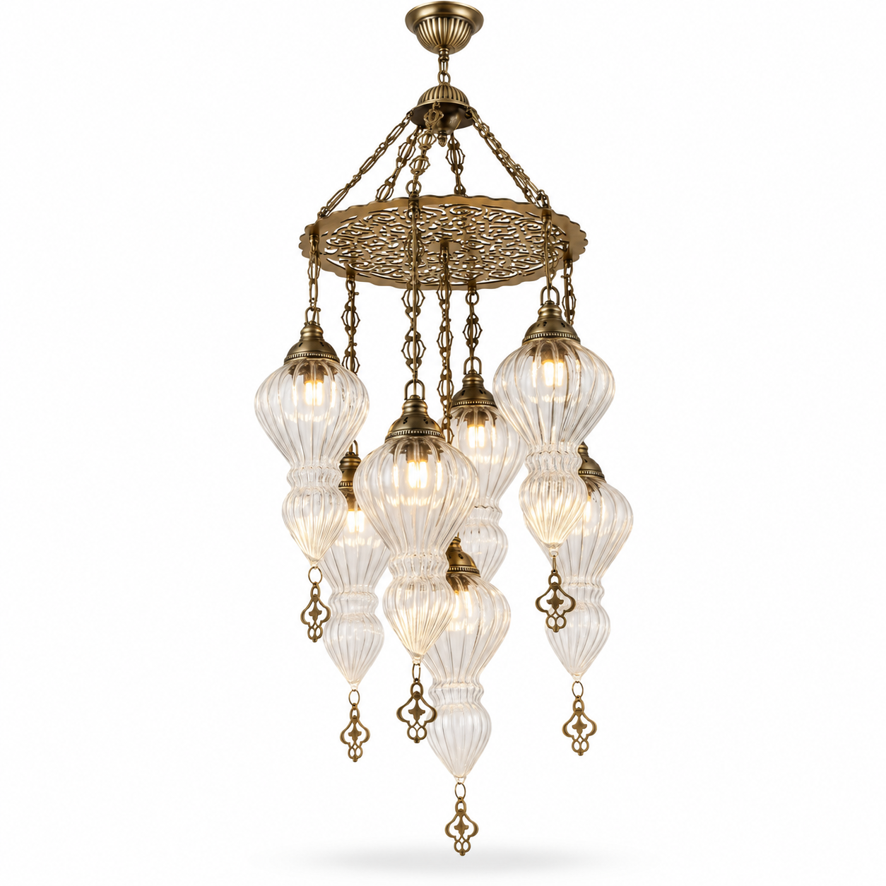 Seven-globe chandelier with clear ribbed glass globes and antique brass frame