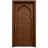 Moroccan Walnut Finish Door – Islamic Geometric Jali Arch Panel, Brass Handle, Custom Size