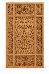 Moroccan Cedar Wood Pierced Multi-Zone Panel – Radial Star & Geometric Lattice