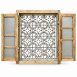 Antique Moroccan Cedar Wood Window | 100+ Year Old Wrought Iron Scroll Grille Wall Decor