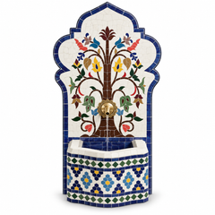 Handmade Moroccan Tree of Life Mosaic Wall Fountain | Zellige Tiles, Cobalt Blue Arch & Brass Faucet