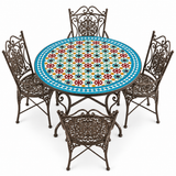 Multicolor Zellige Mosaic Dining Table — Coral, Gold & Teal with Turquoise Border