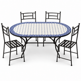 Cobalt Blue & White Zellige Mosaic Oval Dining Table — Diamond Dot Pattern