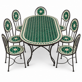 Emerald Green Zellige Mosaic Oval Dining Table — Basketweave & Ivory Diamond Border