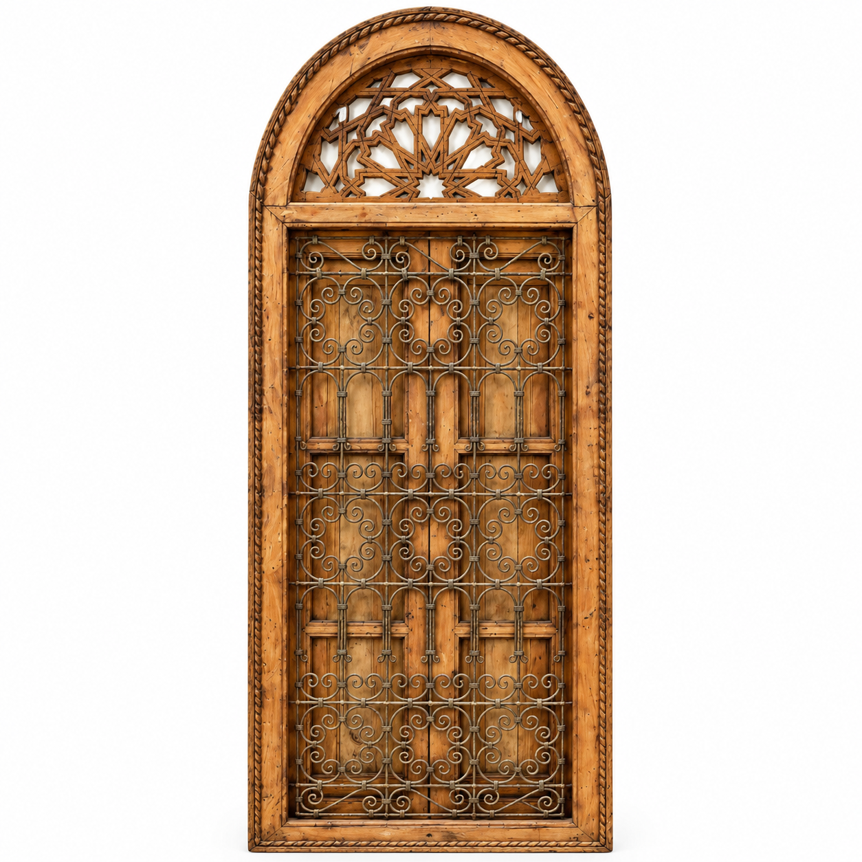 Handcrafted Moroccan arched cedar wood window with wrought iron scroll grille and geometric star arch