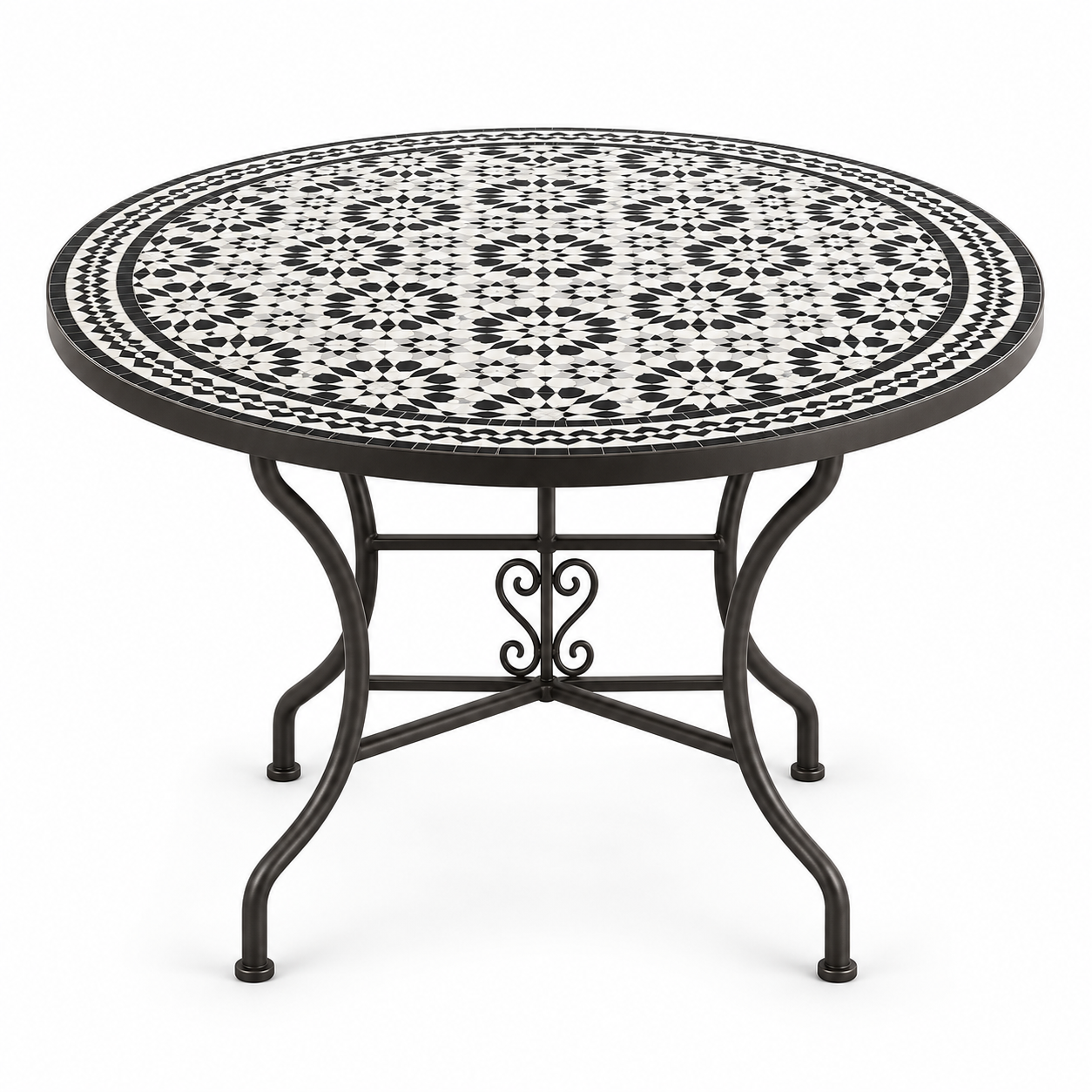 Round zellige mosaic dining table with bold black and white star-and-floral tile pattern and black wrought iron scrolled base