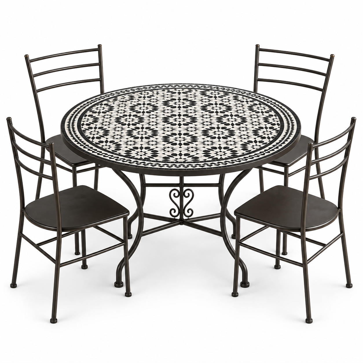 Black and white zellige mosaic dining table set with four black iron chairs, white background