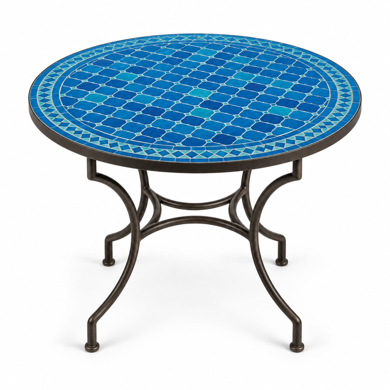 Round zellige mosaic dining table with vivid cobalt blue basketweave tile top and dark wrought iron curved base