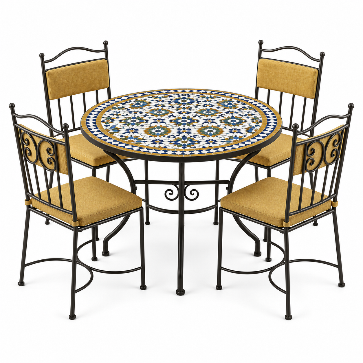 Zellige mosaic dining table set with four amber cushioned iron chairs, cobalt blue and honey gold tile pattern