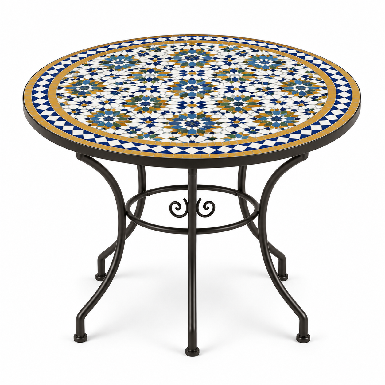 Round zellige mosaic dining table with cobalt blue white and honey gold star pattern tile top and dark wrought iron scrolled base