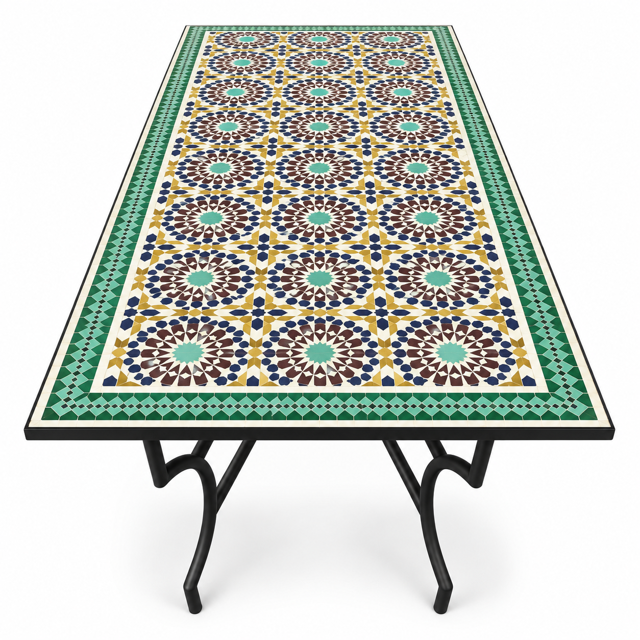 Large rectangular Moroccan zellige mosaic dining table with rich fish-scale tile pattern in olive green warm gold and moss with deep bronze-green border on matte black forged iron Y-fork leg base