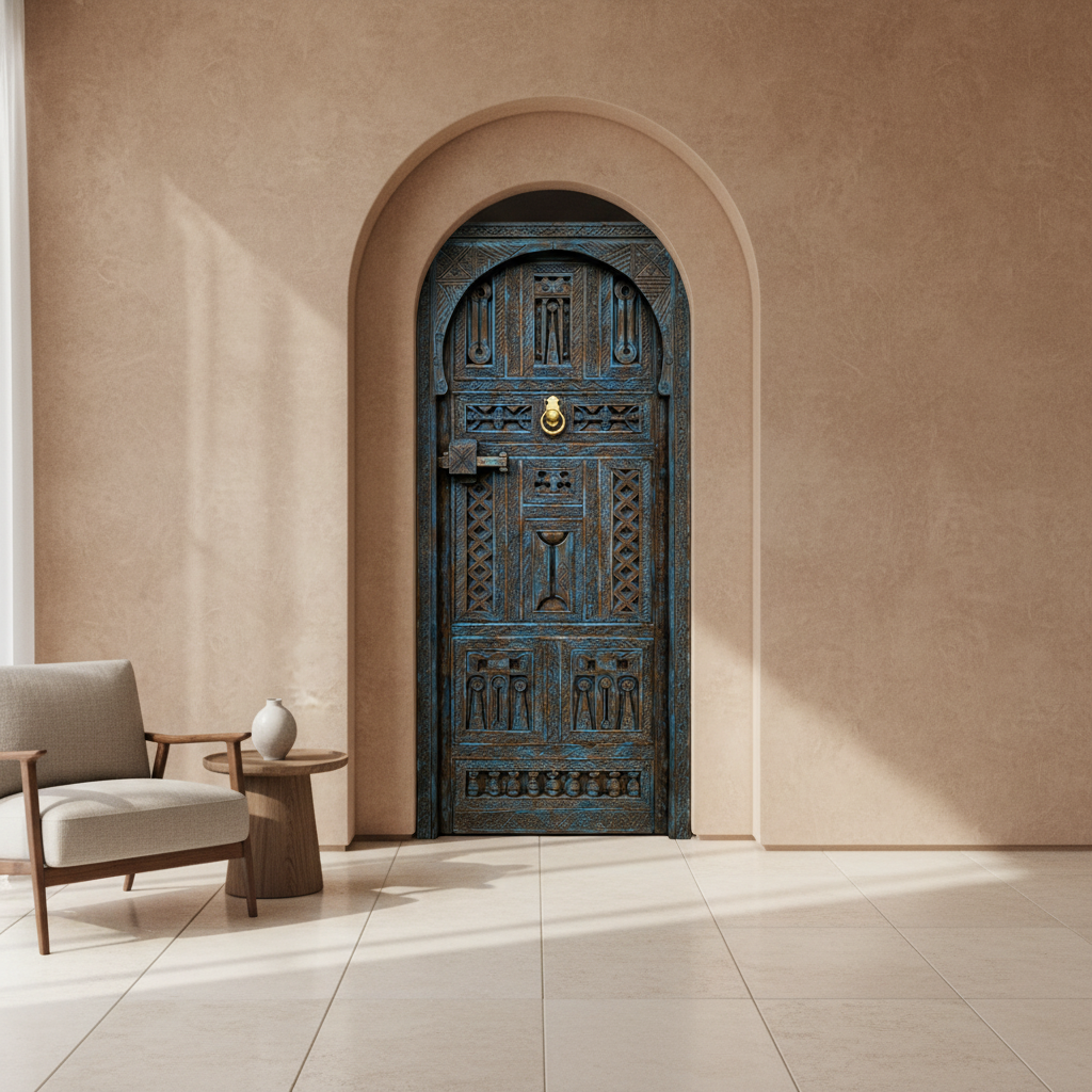 Aged blue Moroccan door in a contemporary home