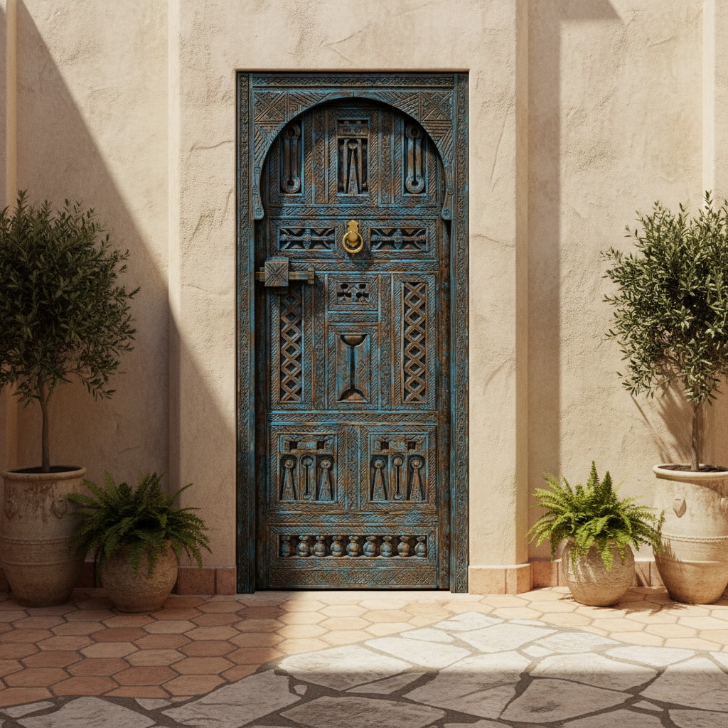 Aged blue Moroccan door in a medina-inspired courtyard