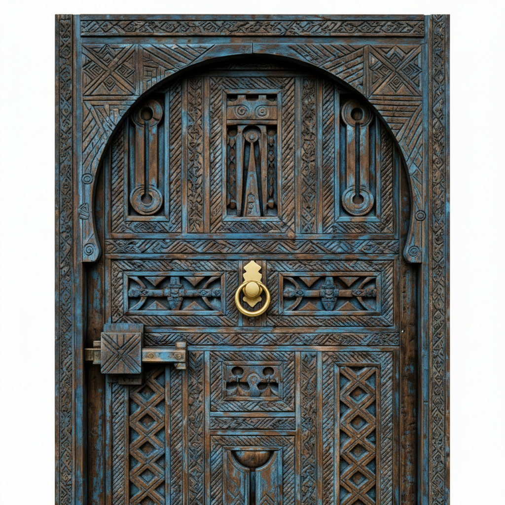Close-up of aged blue-brown geometric carving