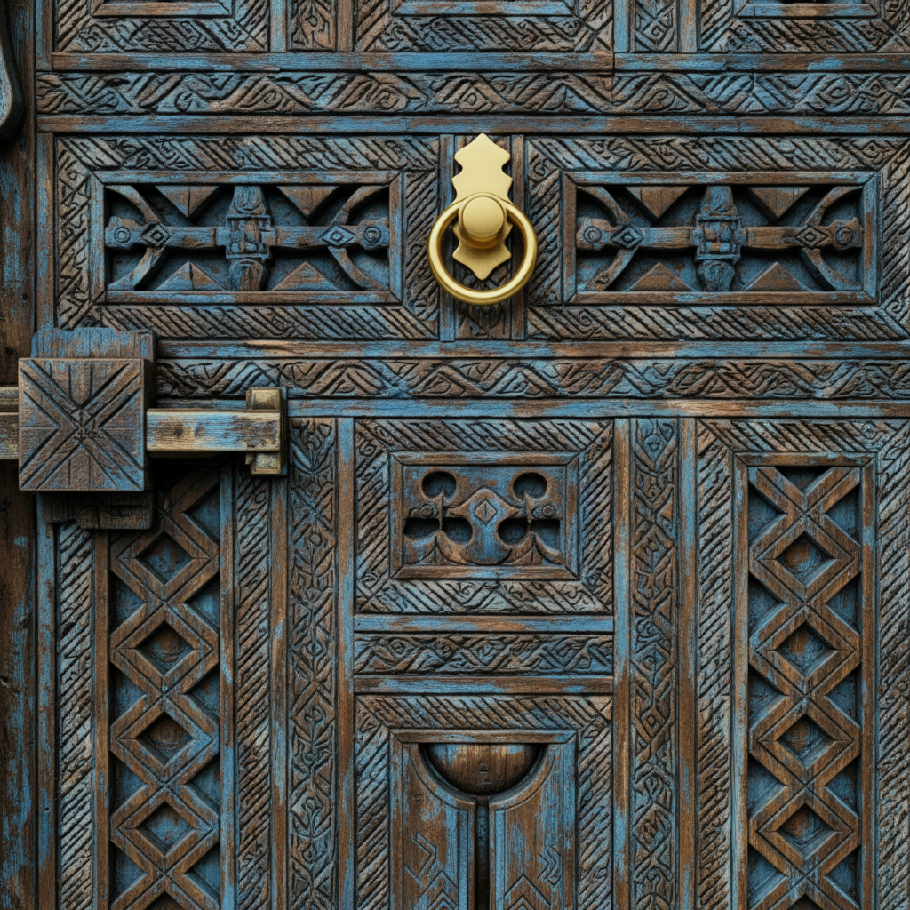 Close-up of the brass ring handle and carved panels