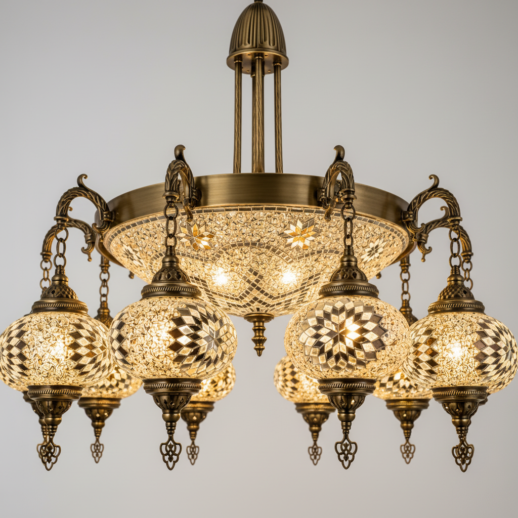 Close-up of the handcrafted mosaic glass detail on a luxury 10-light chandelier