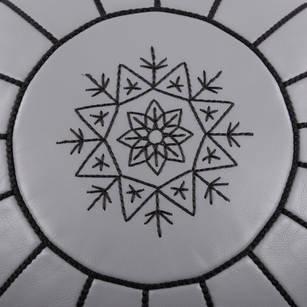 Grey Leather Pouf - Top Embroidery