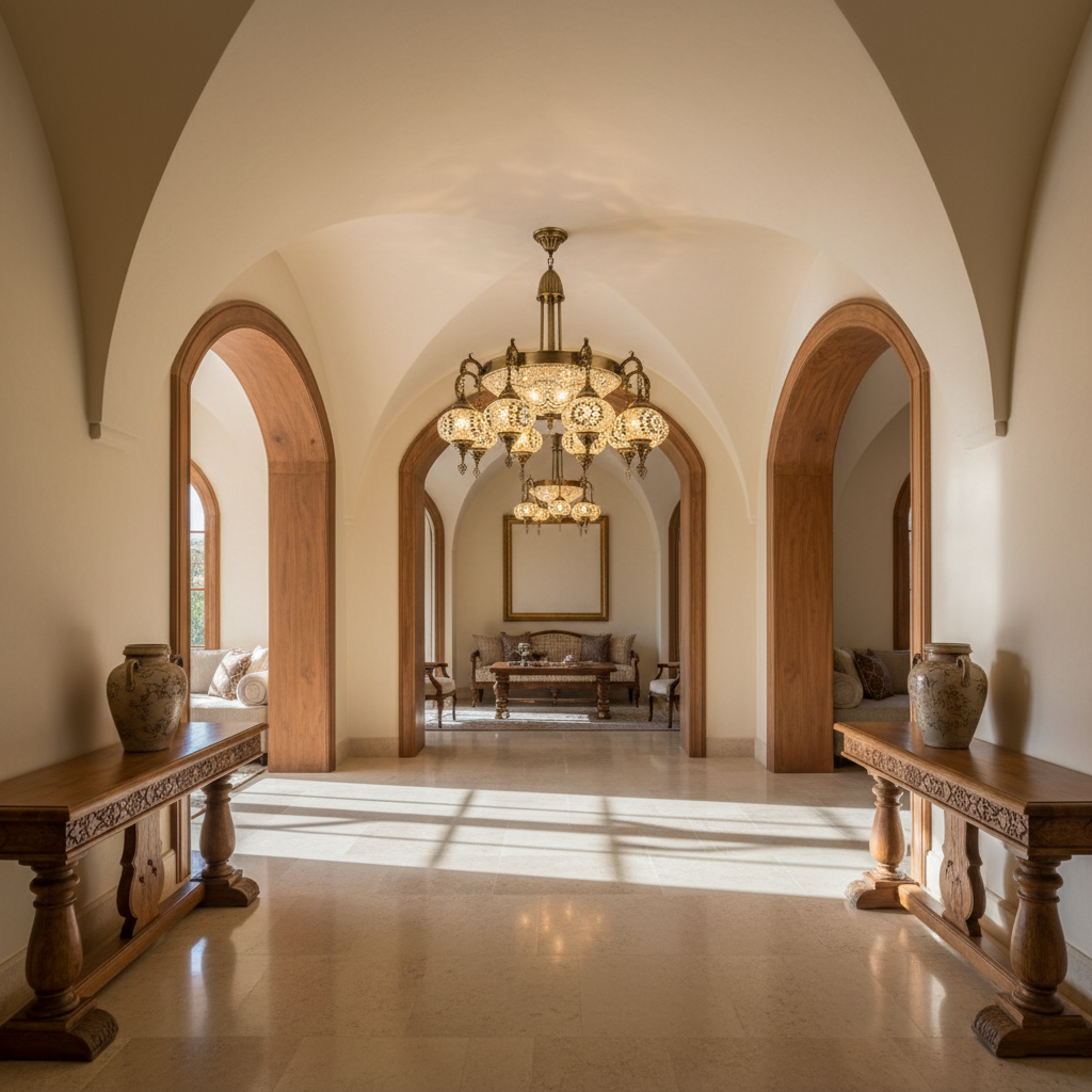 Handcrafted 10-light mosaic chandelier in an elegant Mediterranean-inspired foyer