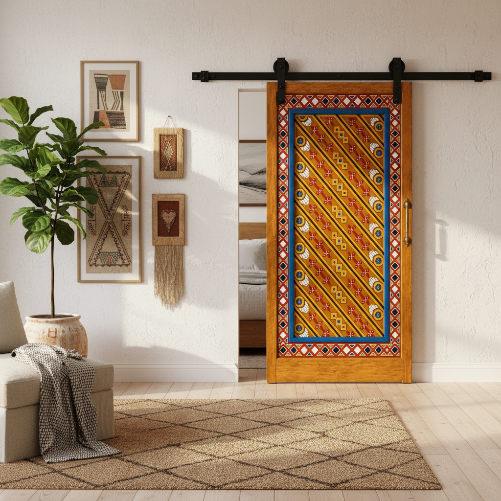 Hand-painted Moroccan sliding barn door installed in a bright upscale bohemian interior