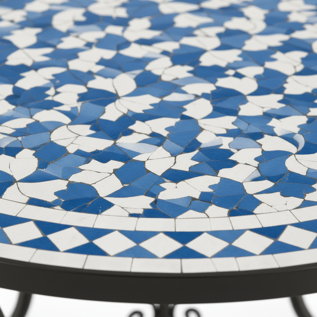 Close-up macro of sky blue curved pinwheel tessellating zellige mosaic tiles on white ground with fine scalloped blue and white diamond border