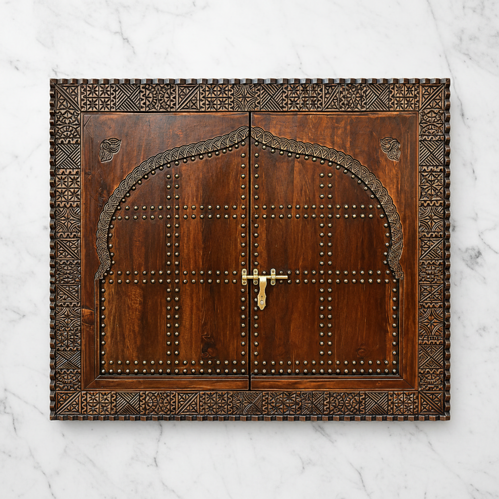 Large Moroccan wooden window flat lay on white marble - dark walnut