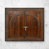 Large Moroccan wooden window flat lay on white marble - dark walnut