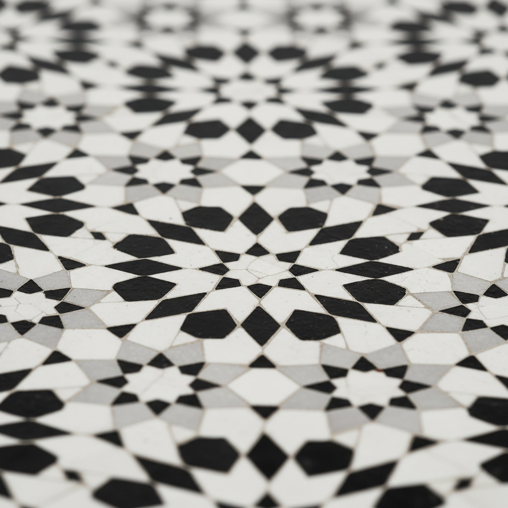Close-up macro of bold black and white star-and-floral zellige mosaic tile pattern