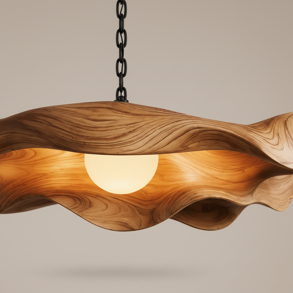 Low-angle detail of the wooden pendant light showing its warm illuminated underside