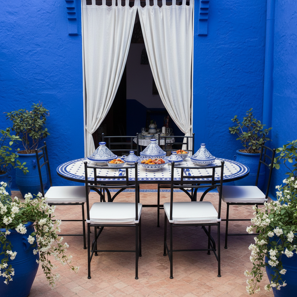 Cobalt blue and white diamond dot zellige oval mosaic dining table in a Chefchaouen blue city courtyard with vivid blue walls jasmine cobalt pots terracotta floor and white linen curtains