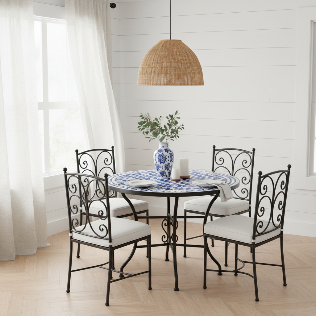 Sky blue and white pinwheel zellige mosaic dining table in a bright airy Hamptons coastal interior with white shiplap walls linen curtains pale oak herringbone floor rattan pendant and eucalyptus stems