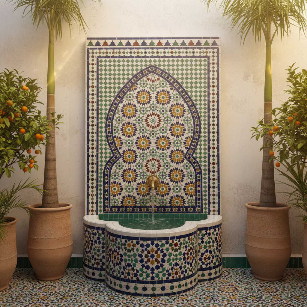 Moroccan zellige mosaic fountain mounted in whitewashed Fez riad courtyard with water flowing