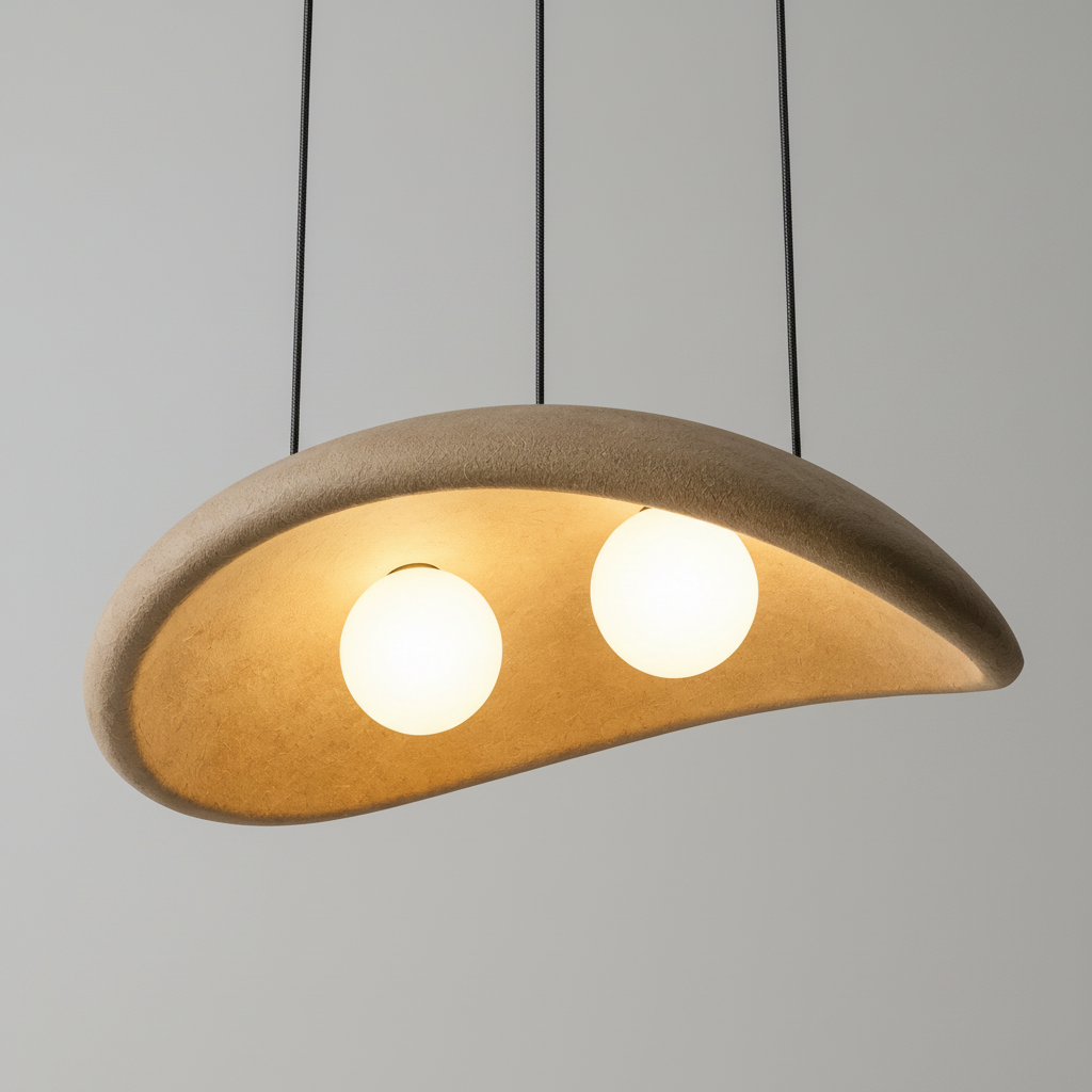 Three-quarter detail of the Obriy sculptural clay pendant lamp with glowing bulbs