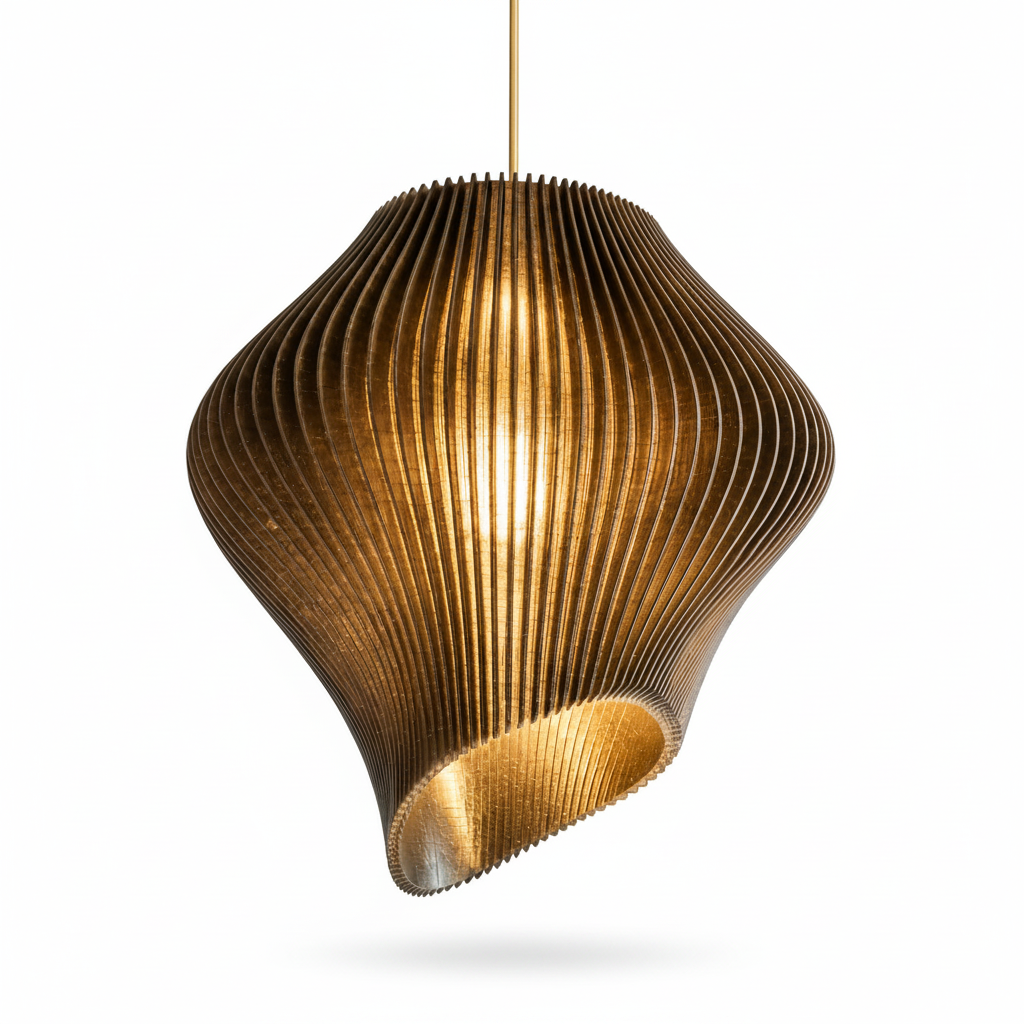 Close-up of the layered ribbed form and smoke black finish of the sculptural pendant light