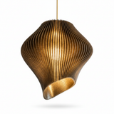 Close-up of the layered ribbed form and smoke black finish of the sculptural pendant light